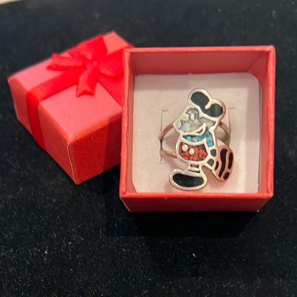 Vintage Zuni Sterling Silver Stone Chip Inlay Mickey Mouse Ring - Picture 2 of 5